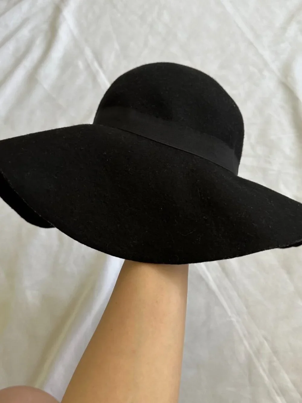 Black Felt Wide Brim Floppy Hat Women's Classic Ribbon Fedora Boho